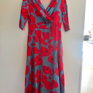 Red Floral Wrap Maxi Dress with Three-Quarter Sleeves